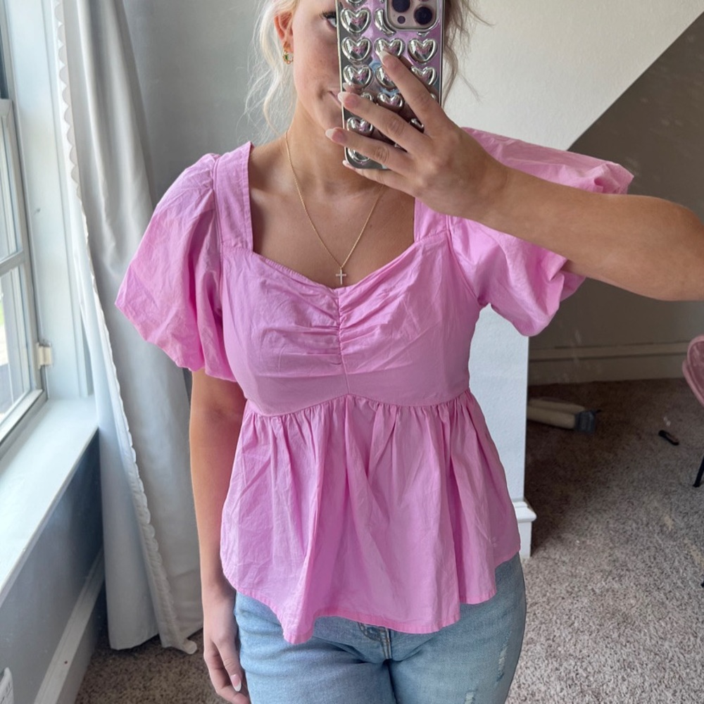Pink Peplum Puff Sleeve Blouse